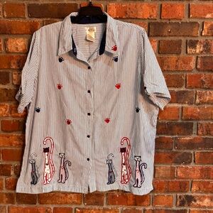 Bobbie Brooks womens striped embroidered cat button up shirt blue 18W/20W